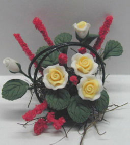 Dollhouse Miniature White Roses/Wire Basket 1 1/4